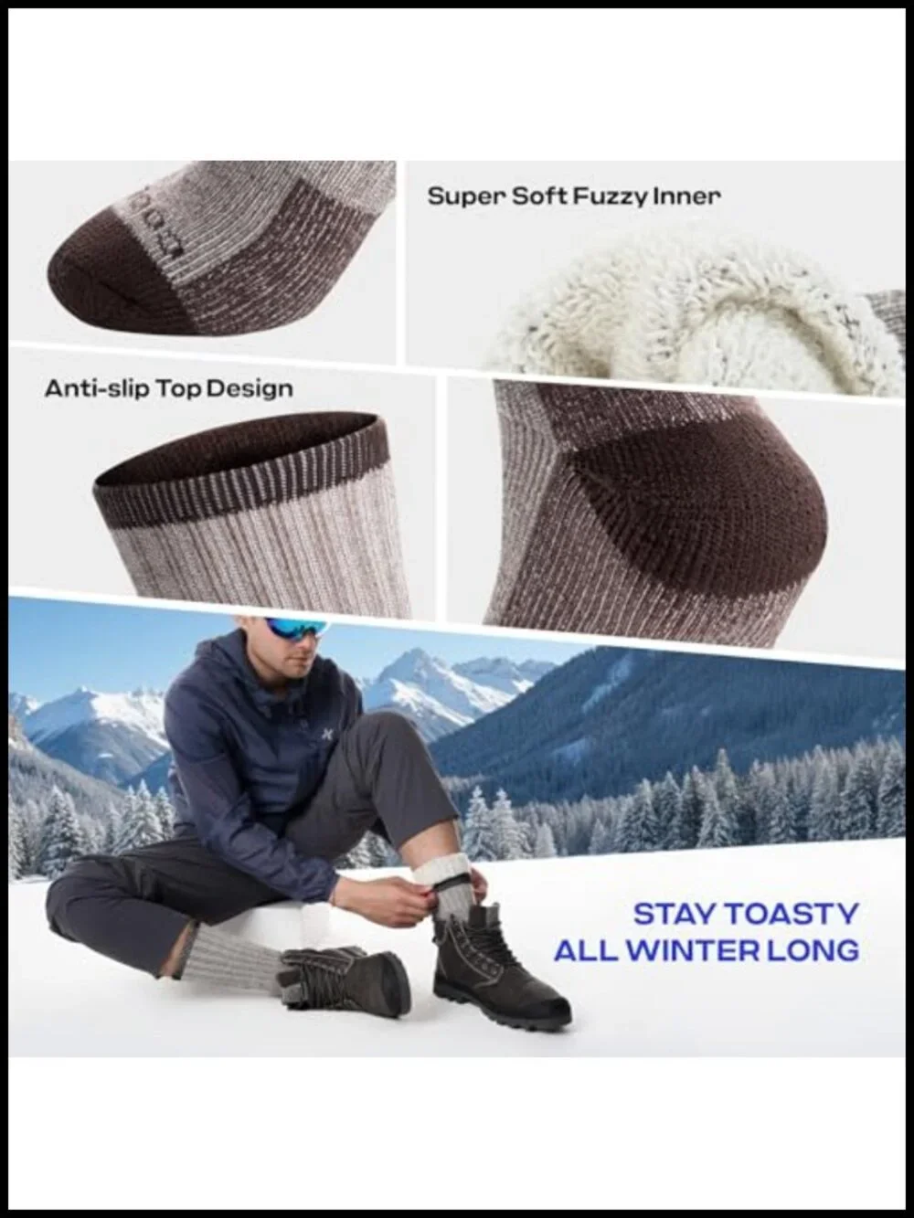 Merino Wool Hiking Socks for Men, Warm Winter Thermal Crew Socks 3 Pack